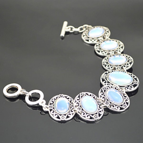 Vintage Antique Silver Natural Opal Transparent Stone Necklace Earring Bracelet Jewelry Set(1Set)  