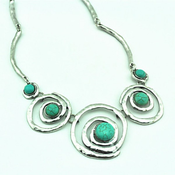 Vintage Antique Silver  Alloy Round Turquoise Stone Necklace Earring Jewelry Set(1Set)  