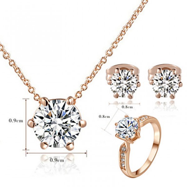 Women's Classic 18K Rose Gold Plated with 6 Prongs Simulated Diamond Stone Pendant Necklace Earrings Ring Set  