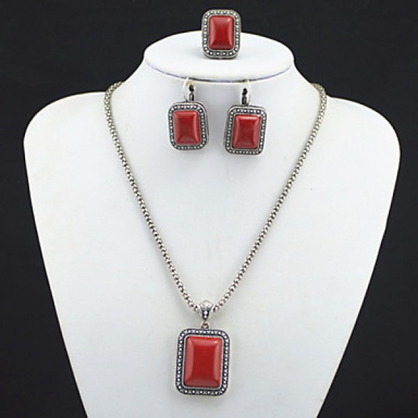 Vintage Look Antique Silver Man-made Red Square Turquoise Jewelry Set(1Set)  